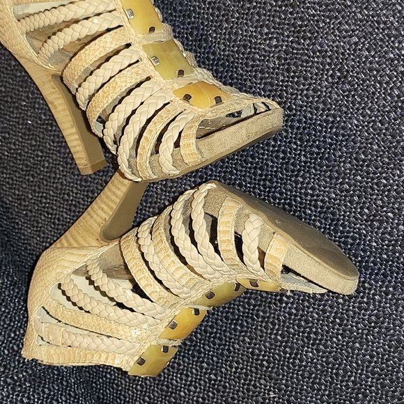 Apostrophe Sand Strappy & Braided Heels with Green Stones - Picture 8 of 10